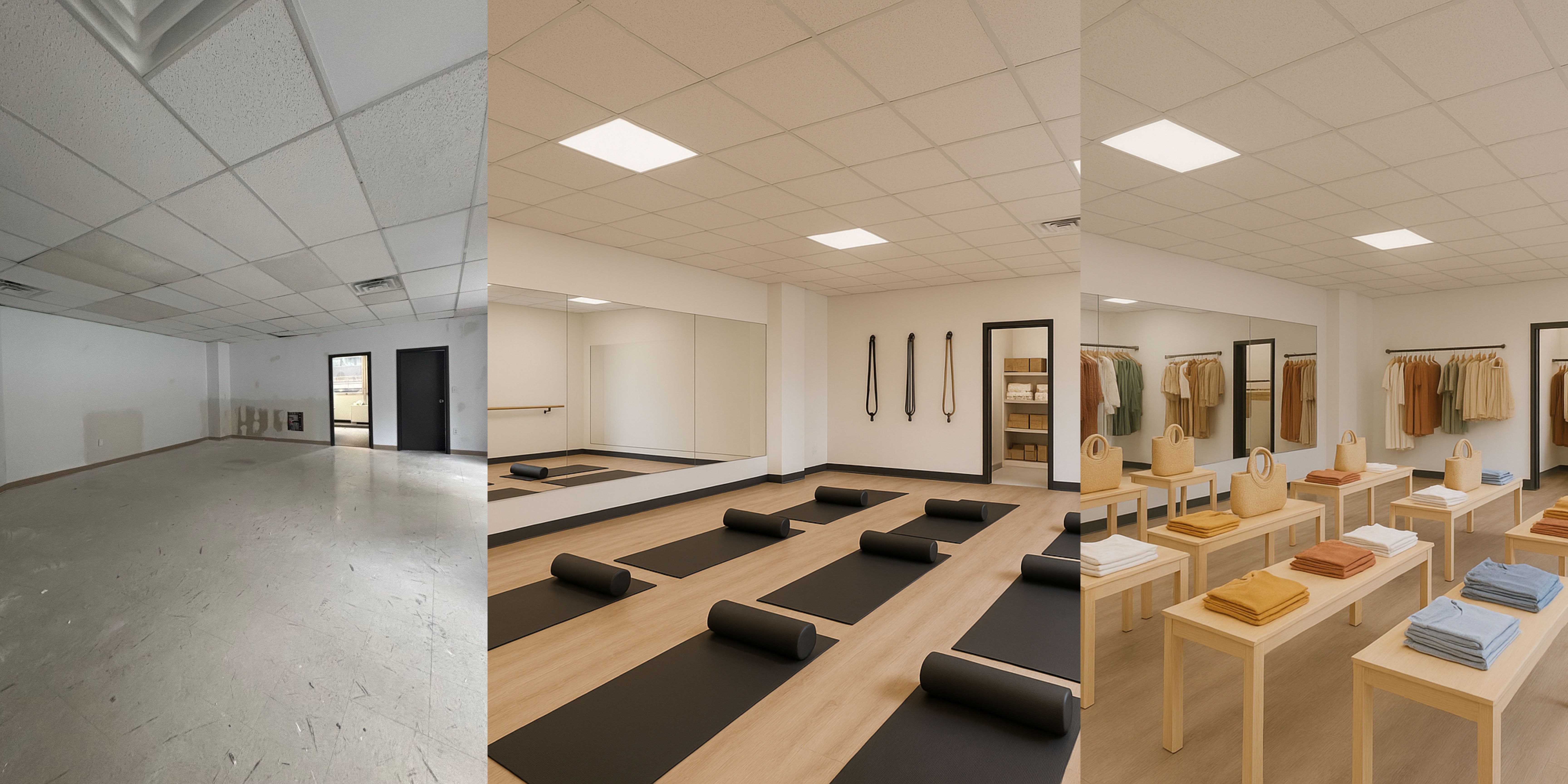 digital rendering of empty room as a yoga studio or boutique store